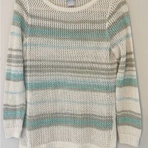 🌊Chico's Coastal long sleeves, cream, gray & blue, side slits sweater, Size 1, M